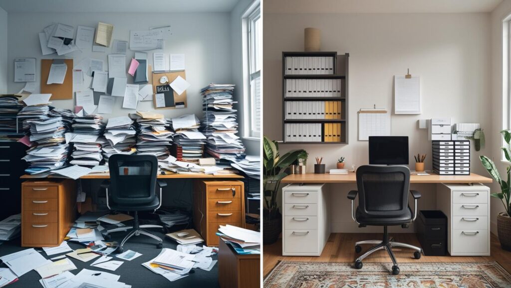 before and after desk transformation cluttered vs organized office workspace, royalty free