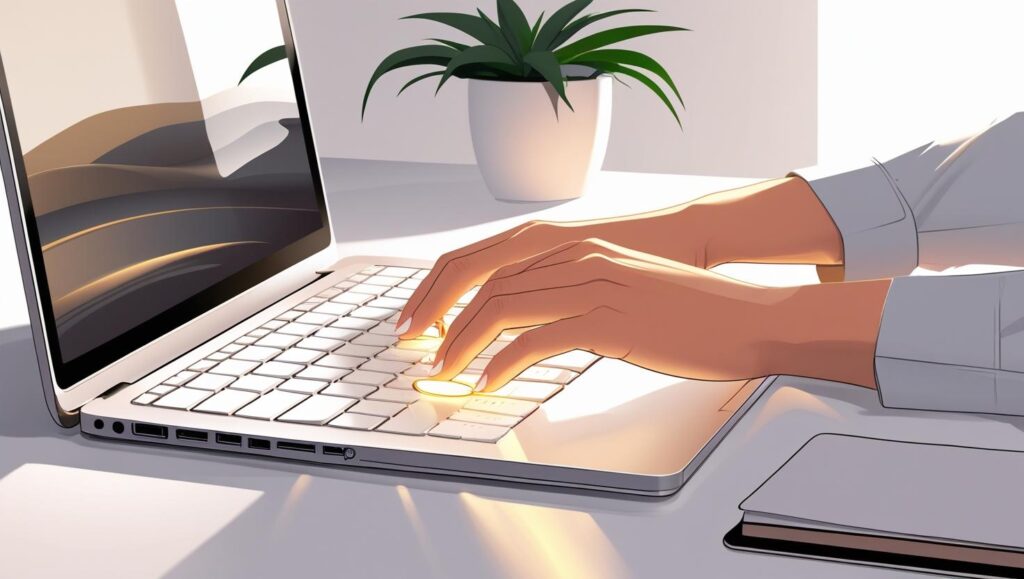 minimalist workspace with a sleek laptop and keyboard, hands typing on keys, subtle glowing shortcut keys, tidy desk with few items, bright neutral lighting, productivity focused illustration